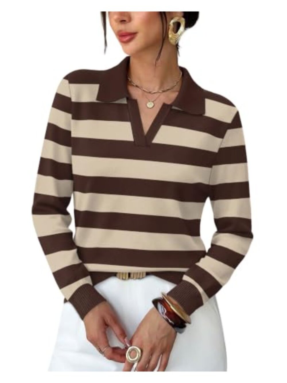 Women's Long Sleeve Polo Collar V-Neck Sweater Business Casual Pullover